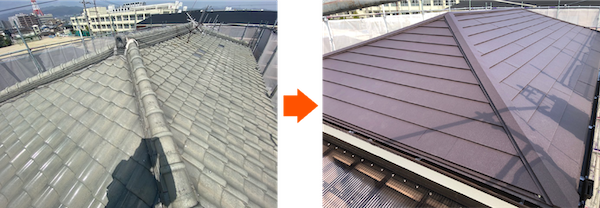 屋根から鋼板へ葺き替え工事したビフォー・アフター画像