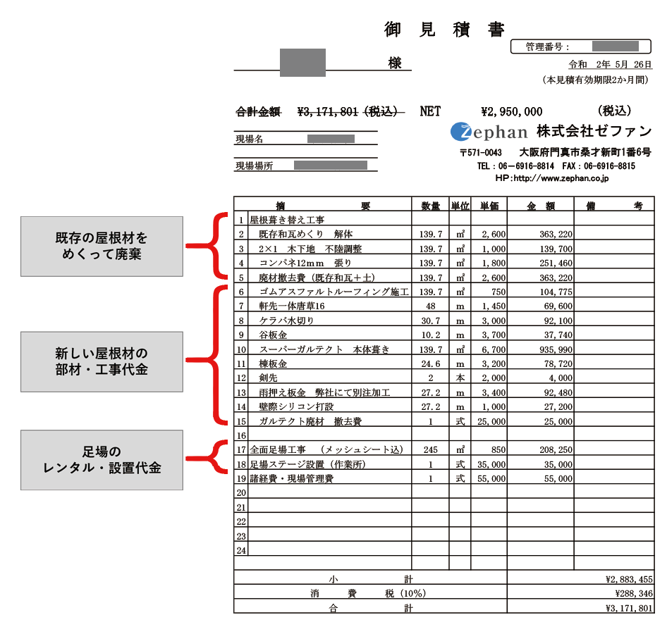 スーパーガルテクト270万円の見積書の一例